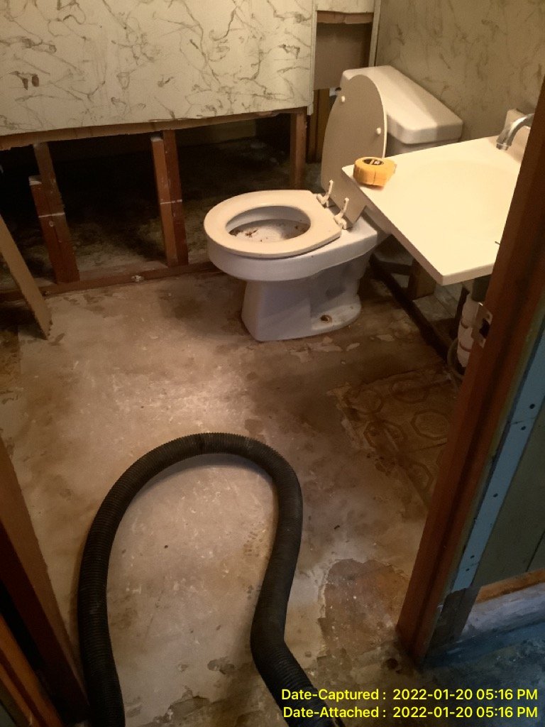 Mold and water damage cleanup inside a bathroom