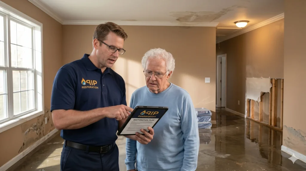 A water damage restoration technician in Arlington, VA explaining to the old man the restoration plan to fix the floor