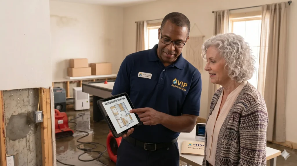 A water damage restoration technician explaining to the old woman what he's going to do to fix the floor