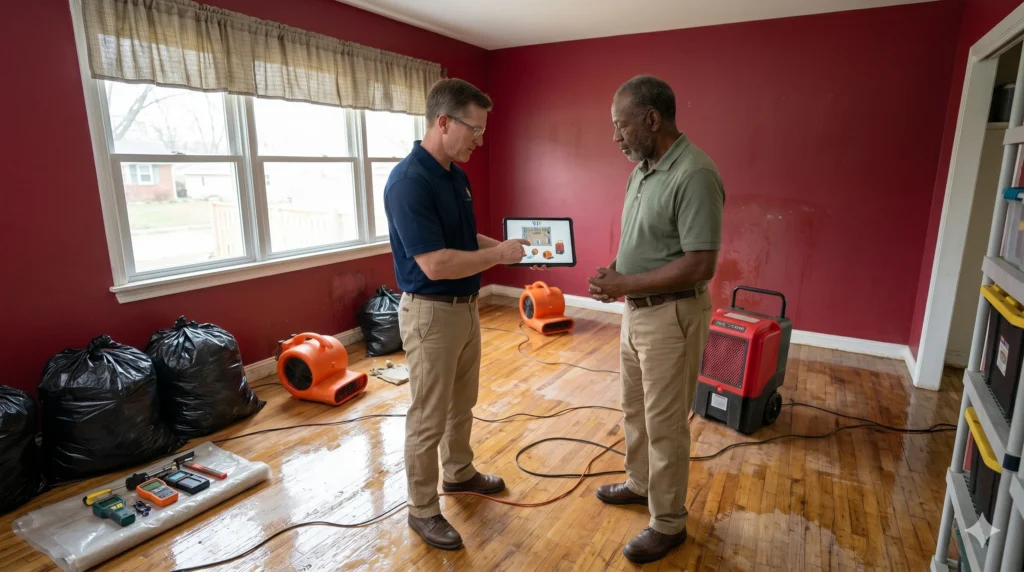 A water damage restoration technician in Fairfax, VA explaining to the client the restoration plan to fix the water damage on the floor