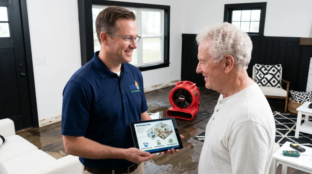 A water remediation technician in Arlington explaining the old client the restoration plan for his floor